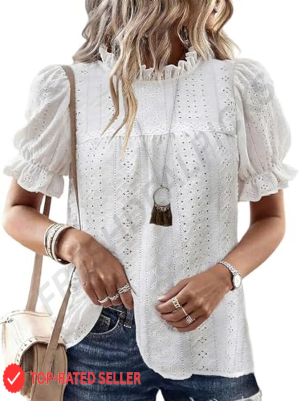 Eyelet Embroidered Blouse Puff Short Sleeve Frill Collar Pullover Top